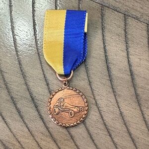 Bronze Racing Medal with Blue and Yellow Ribbon